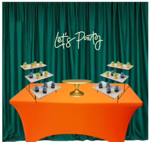 Basic- Curtain Backdrop, Neon Signage, 4ft Covered Table 