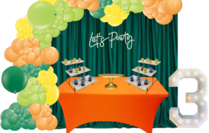 Deluxe - Curtain Backdrop,Neon Signage, 4ft Covered Table,  12ft Balloon Garland & 1 Marquee Number